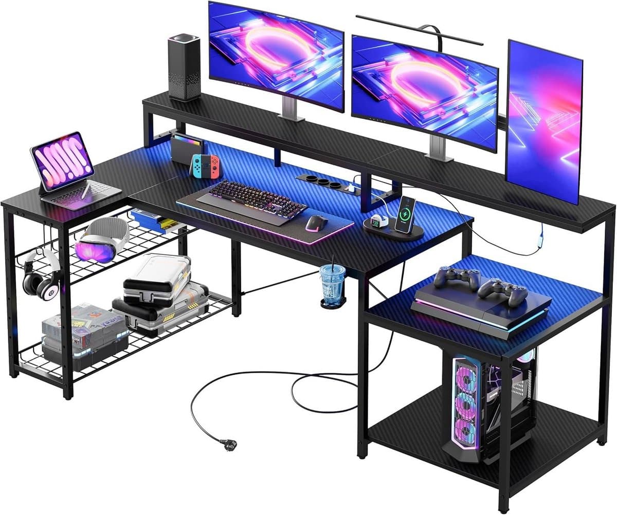 Gamingtafel 181 Cm – XXL Gamingbureau Met LED-Verlichting- Monitorplank- 3 Stopcontacten & 2 USB-Poorten – Ultieme PC-Setup