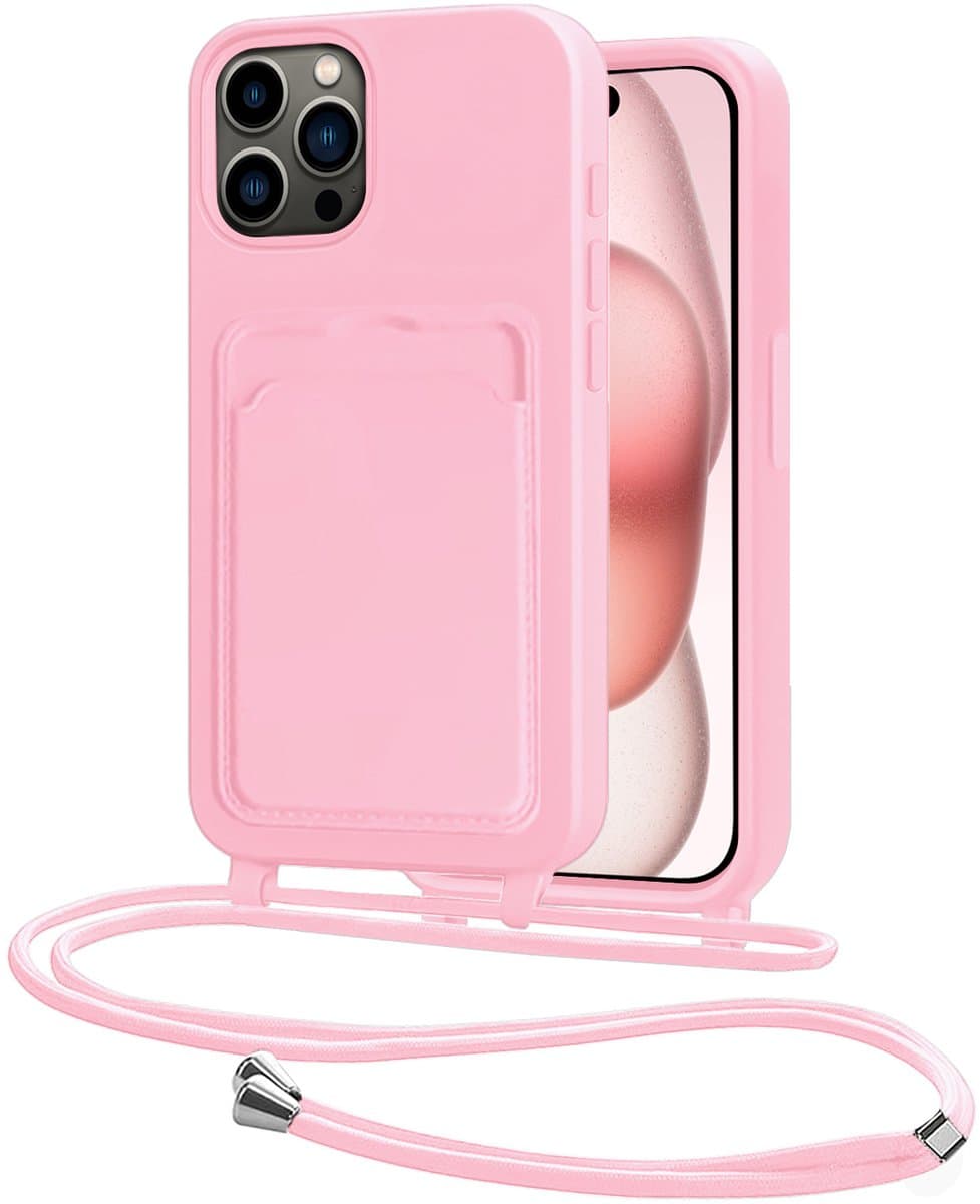 Hoes Geschikt voor iPhone 15 Pro Max Hoesje Pasjeshouder Cover Met Koord Case Siliconen Hoes Met Telefoonkoord en Kaarthouder - Lichtroze