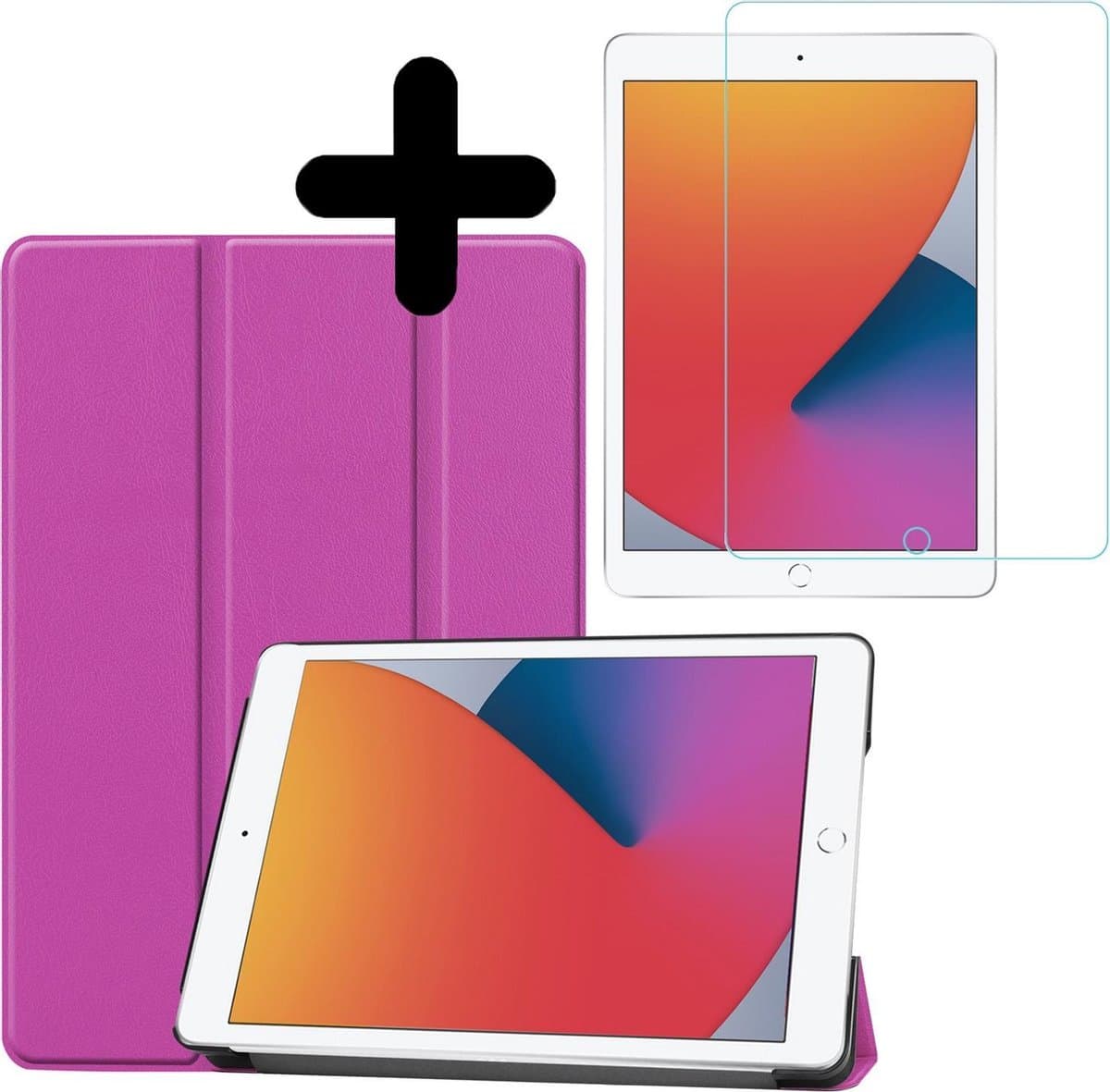 Hoesje - Geschikt voor Apple iPad 8 (2020) - 10.2 inch - 8e Generatie - Met Screenprotector - Hardcover Book Case - Trifold Bookcase Hoes - Hard Cover - Tablethoes - Paars