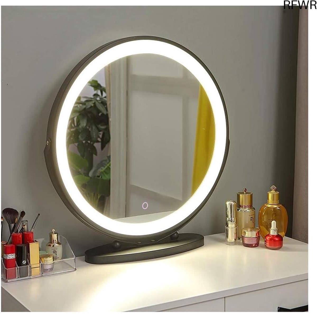 RFWR® Grote ronde make-upspiegel met verlichting en metalen frame - Dimbare tafelspiegel voor elke ruimte