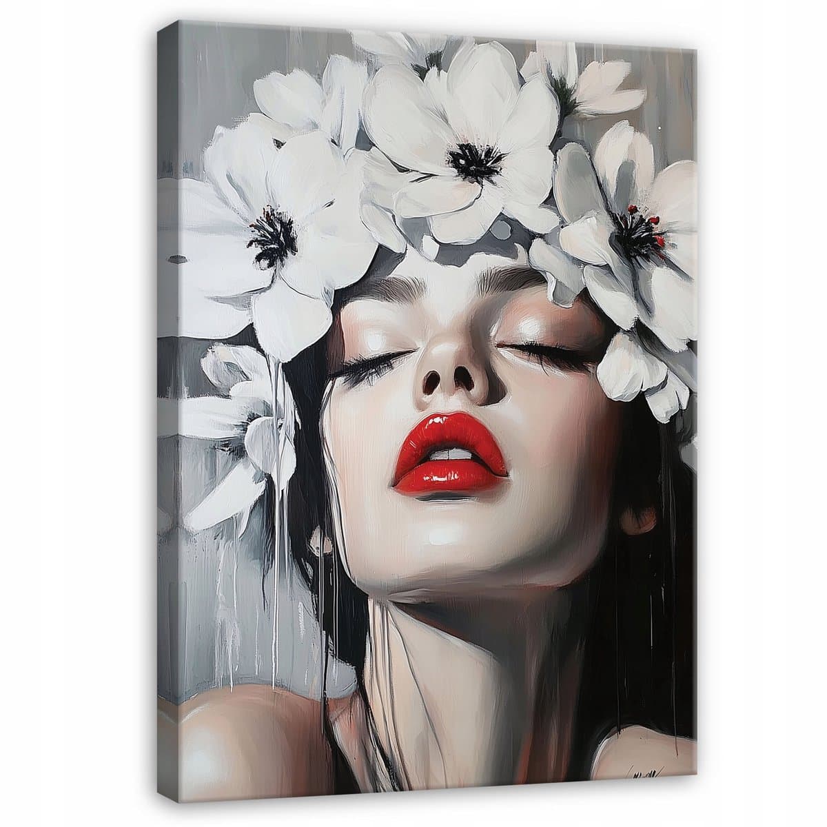 WALLARENA - Canvas schilderij - 120x80 cm - afbeelding van een vrouw met bloemen in haar mond voor slaapkamer, salon en keuken