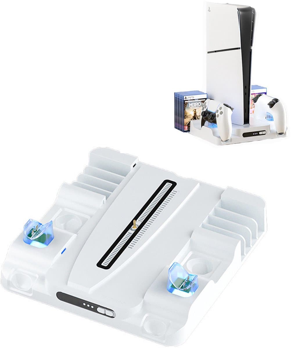 NAXSIR PS5 Oplaadstation & Koelstandaard - Multifunctioneel Laadstation met 2 Controller-Docks, 8 Game-Opslag & Dubbele USB Poorten