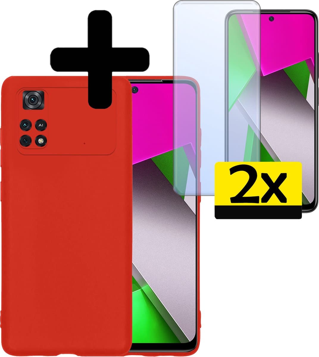 Hoesje - Met 2x Screenprotector - Geschikt voor Xiaomi Poco M4 Pro 4G - Sterk & Shockproof - Back Cover - Siliconen Case - Telefoon Hoes - Telefoonhoesjes - Rood