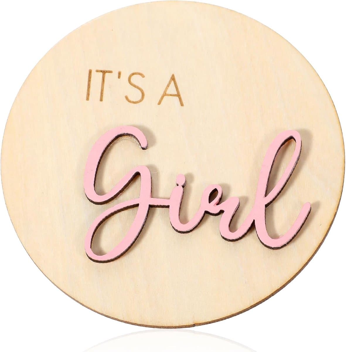 Announcement sign baby gender reveal pink It's Girl round wood birth display welcome sign for pregnant women expectant - ShopVlot