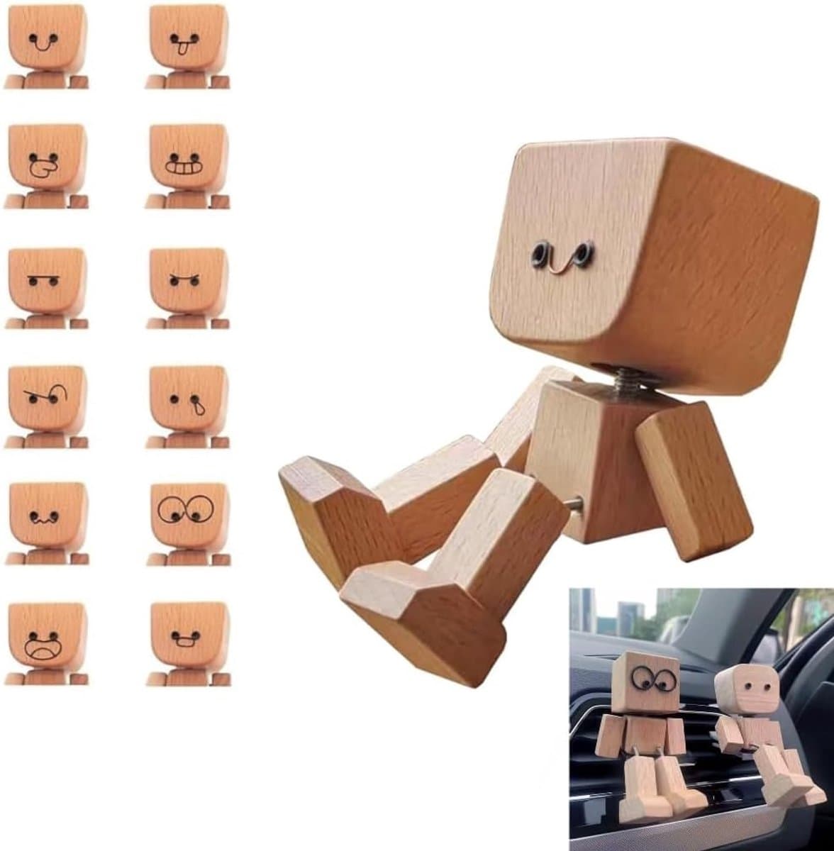 Houten man, wiebelfiguur auto houten man met 12 magneten, schudman van hout, handgemaakte auto dashboard decoratie gezichtsuitdrukkingen