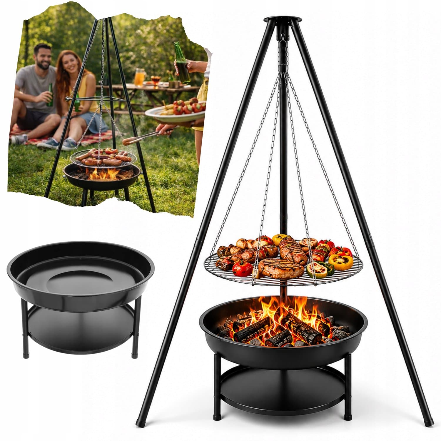 Tuin vuurkorf met driepoot en grillrooster, 50 cm, 2-in-1