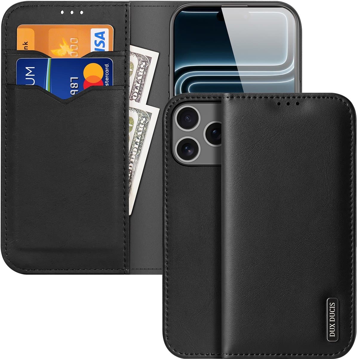 Dux Ducis Hoesje - Geschikt voor iPhone 18 Pro Hoesje - Dux Ducis Hivo - Genuine Leather Book Case - Zwart