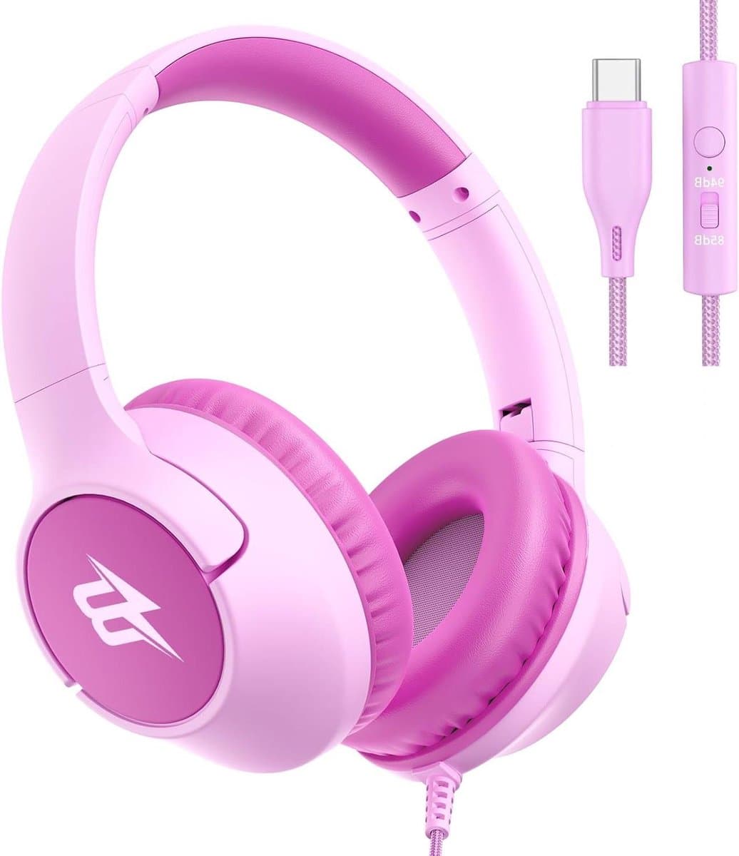 Kinderhoofdtelefoon Over-Ear - Koptelefoon Kinderen - Online Leren - Instelbare Volumelimiet - Opvouwbaar - Fuscia Roze