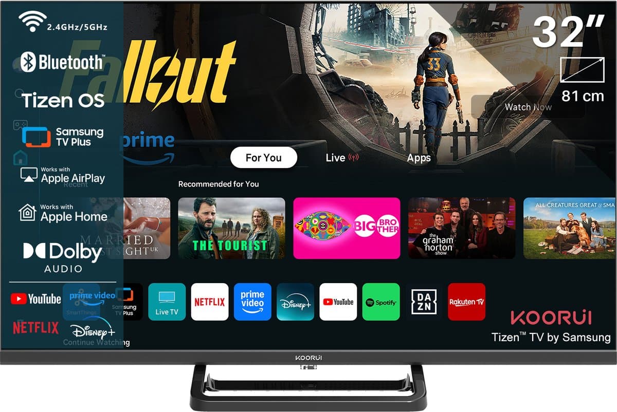 Koorui Smart TV - Tizen TV by Samsung - LED Full HD - 32 inch/81 cm - Streaming apps - AirPlay - Hotelmodus - HDMI x3, USB x2, CI+ - Tripple Tuner DVB-T/T2/S/S2/C - Frameless Design - Enkelvoudige standaard - Geassembleerd in Eindhoven - K32Q1H-T8M