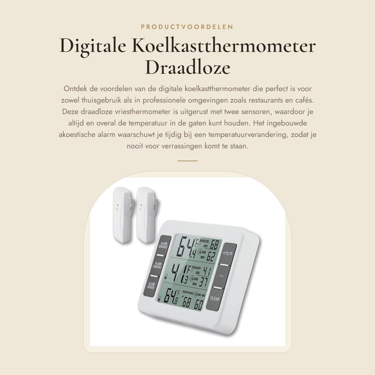 Solidchoice - Digitale Koelkastthermometer - Draadloze Vriesthermometer - Akoestisch Alarm - Compact formaat - 2 Sensoren - Voor Thuis en Horeca - Gesc...
