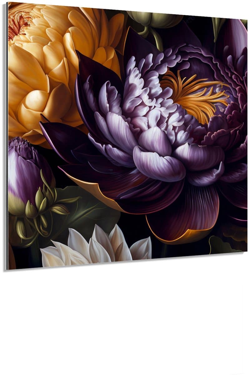 Grote paarse bloemen - Schilderij 90x90 cm - Wanddecoratie op Aluminium Dibond - Aluminium Wandpaneel