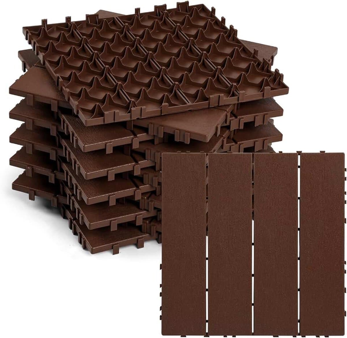 Terrastegels 30 x 30 cm in houtlook, kunststof vloerbedekking met drainage-kliksysteem, voor zwembadrand, sauna, balkon, terras, waterdicht, schimmelbestendig, 55 stuks / 5 m² roodbruin