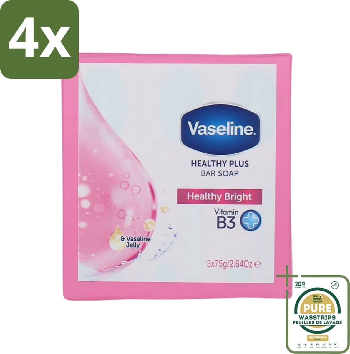 Vaseline - Healthy Bright - Zeeptablet - Reinigend & Verzorgend - 3x75 ml - Voordeelverpakking - 4 stuks - Zeep - Vaseline