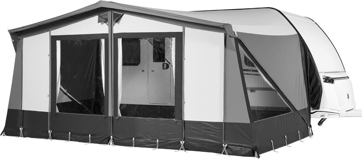Campout voortent Orion 250 – Omloopmaat 951-975 cm - Luifel - Zonneluifel – Zonwering – Caravan – Schroefloze Bevestiging – Inclusief Tochtstrook, Wielflap, Tentharingen, Ladderspanners en Opbergtas – YKK ritsen – Naadloos Dak – Lichtgrijs