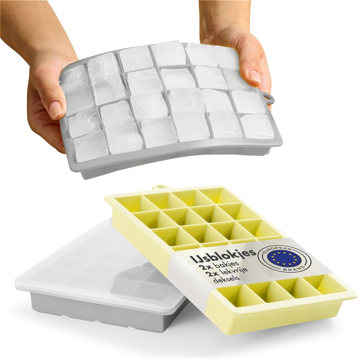 Blumtal IJsblokjesvorm - 2 x 24 IJsblokjes - Hoogwaardig Siliconen - 48 Stuks - 2,6 cm - Vierkant - Incl. Deksel - Grijs en Geel - Set van 2