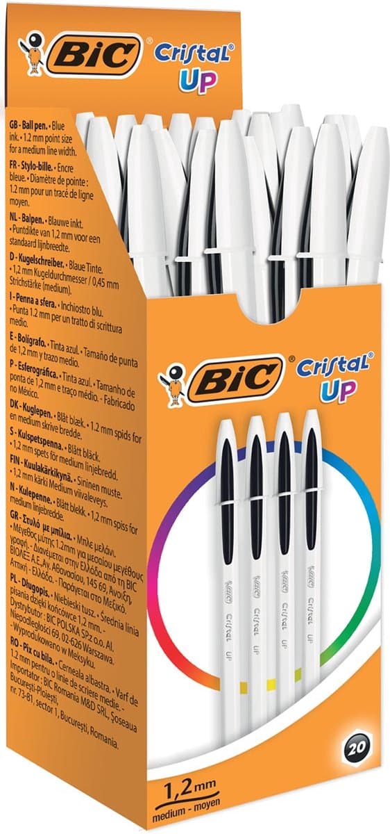 BIC Cristal Up Balpennen - Zwart - Doos van 20 Stuks - Medium Punt 1,2 mm