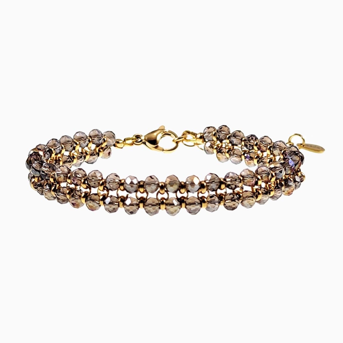 Dubbele Armband Dames - Bruine Kralenarmband - Verguld RVS - Gefacetteerde Kristallen - Verstelbaar