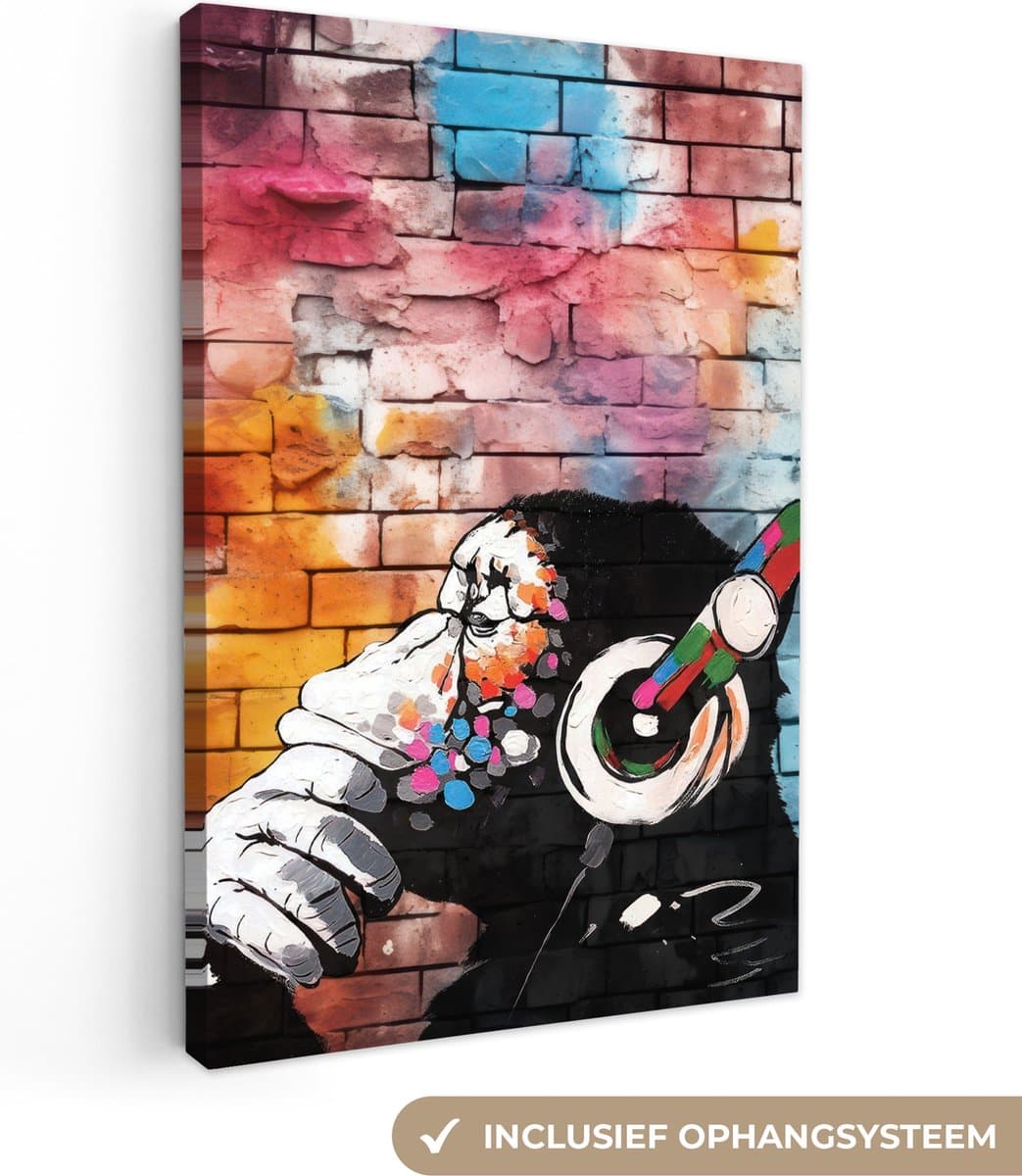 Canvas Schilderij 120x180 cm - Graffiti - Aap - Kleurrijk - Koptelefoon - Art - Dier - Wanddecoratie slaapkamer - Muurdecoratie woonkamer - Interieur decoratie - Schilderijen