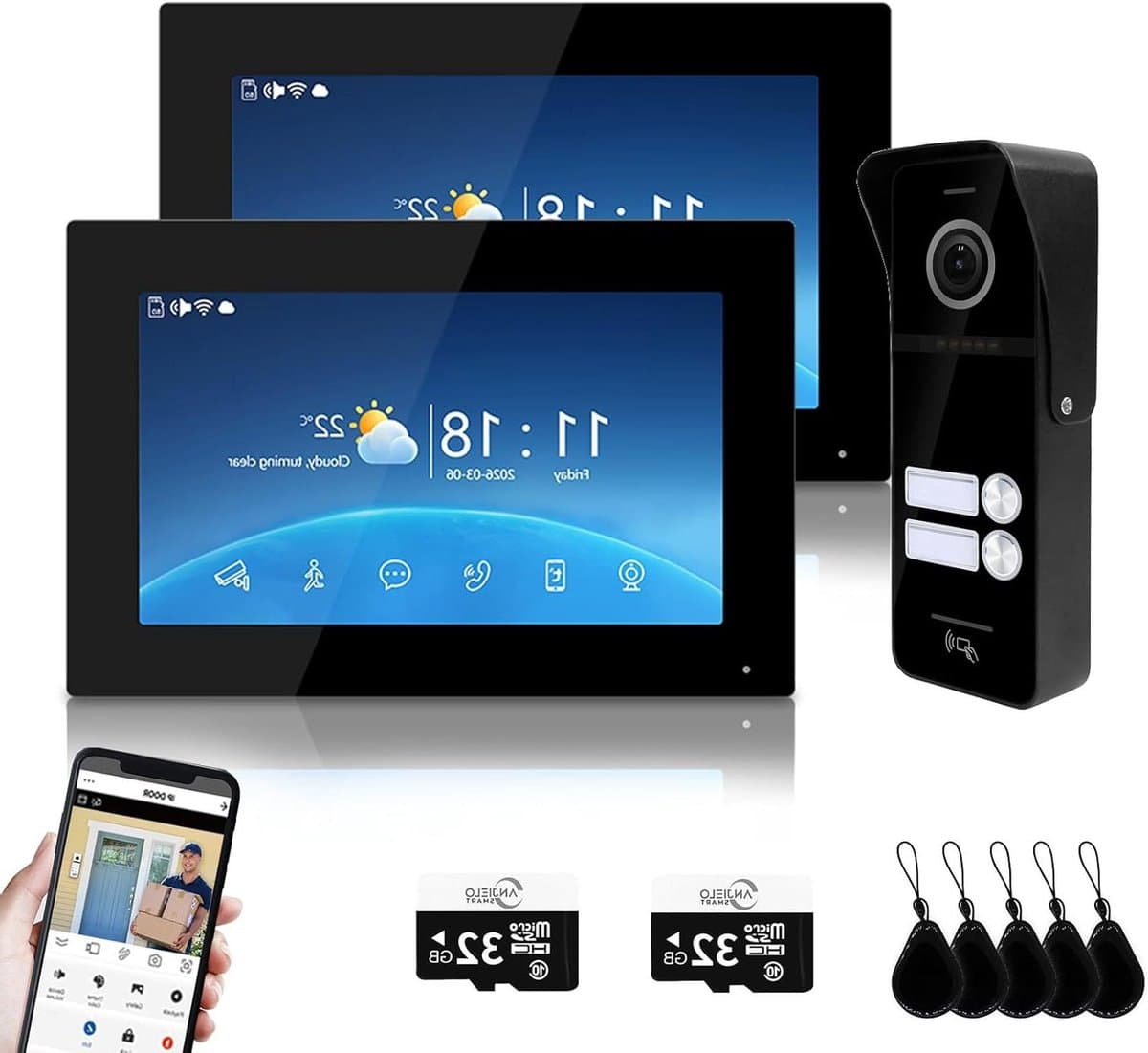 Videodeurbel Systeem - Intercom Set - Toegangscontrole - 2-Gezins Appartement - 7 Inch Monitor - Zwart