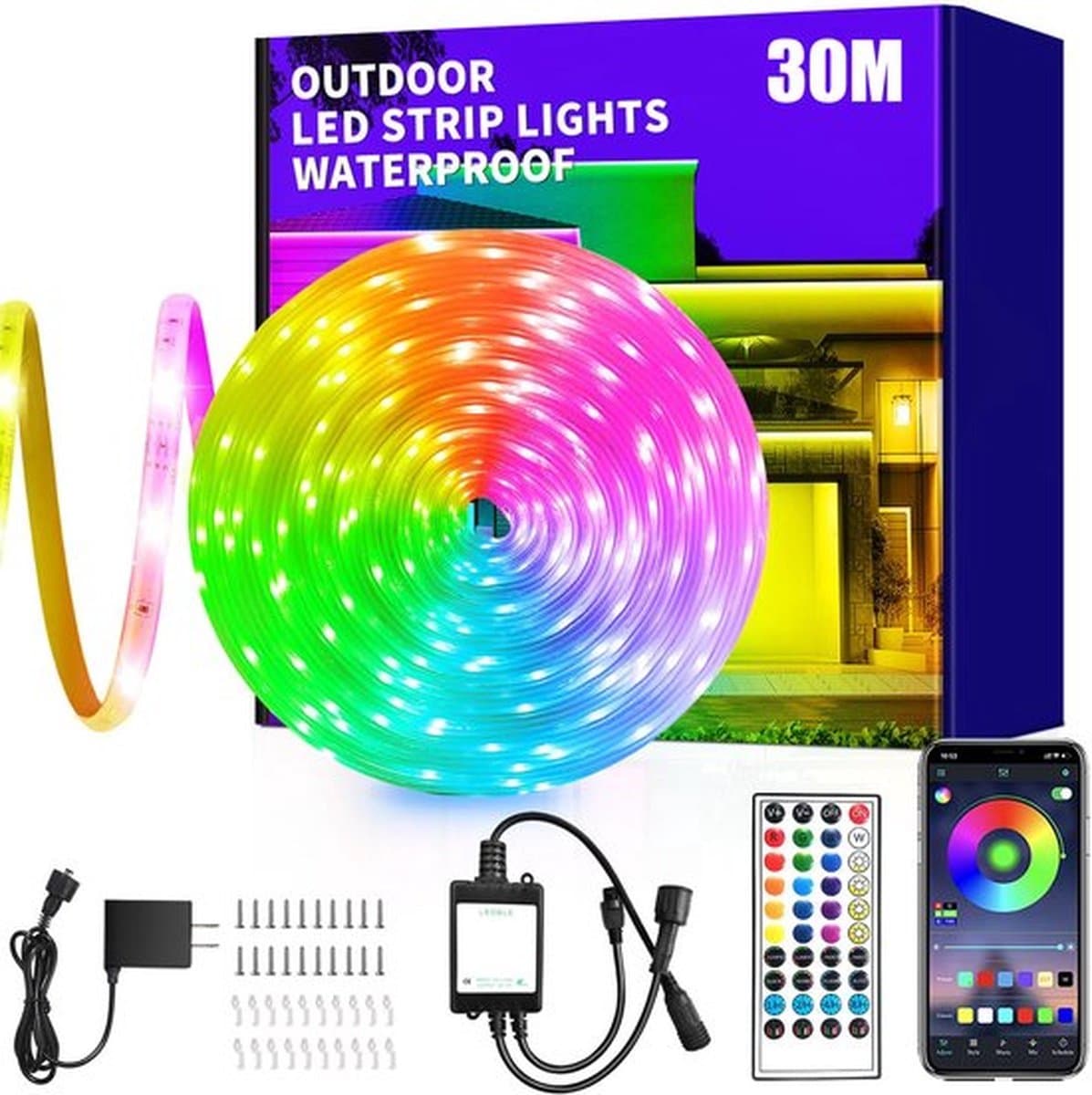 LED-stripverlichting 30 m - LED-stripverlichting voor buiten met app/afstandsbediening - Muzieksynchrone RGB LED-stripverlichting voor buiten - IP68 waterdicht - voor slaapkamer, dak, tuin, trap, feesten
