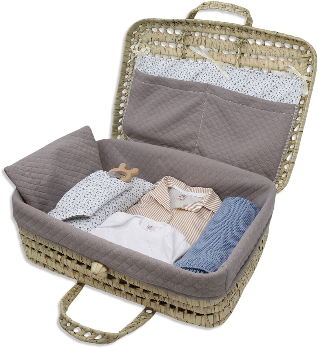 ASI DREAMS Poppen Accessoires - Poppen Reiskoffertje - Vintageprint Grijs En Blauw