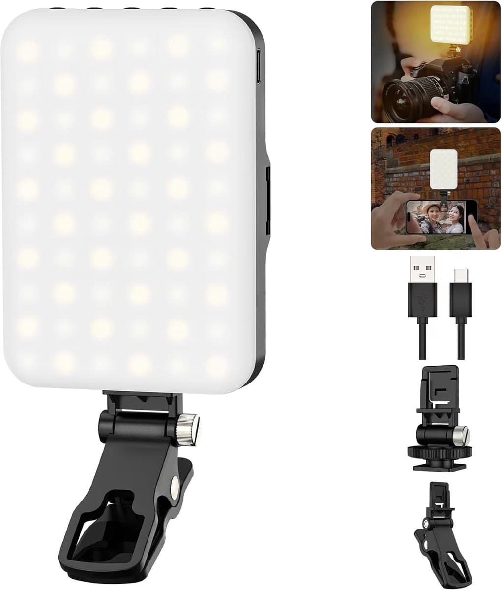 Draagbare LED Camera Verlichting - 60 LED met 2200mAh Oplaadbare Batterij, 7 Modi, 10 Helderheidsniveaus, Clip-op voor Telefoon/Tablet/Laptop