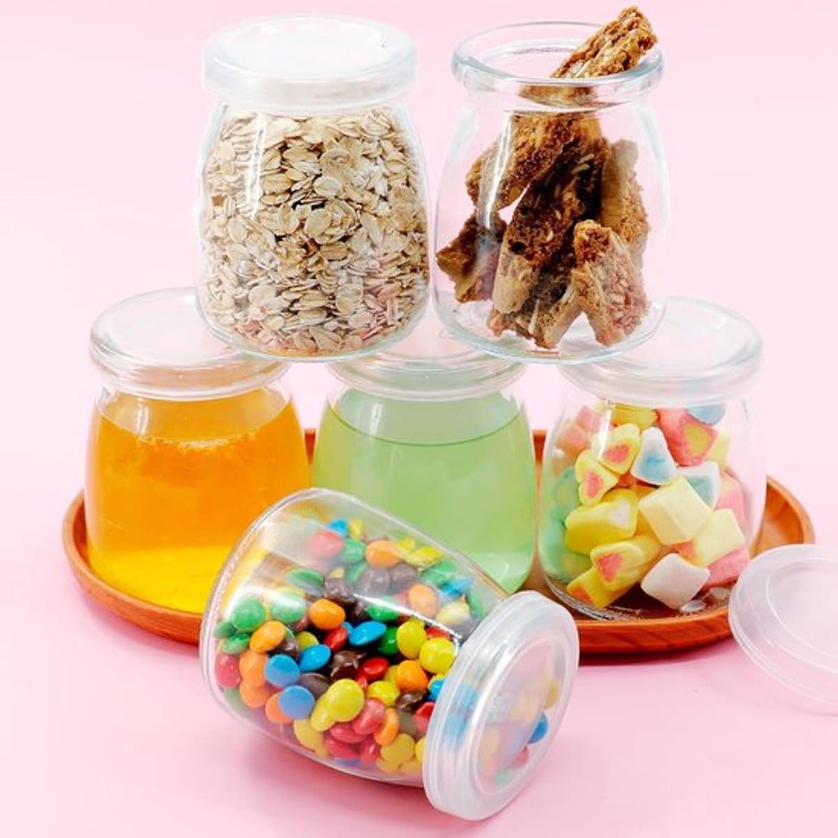 Candala 6 stuks 200 ml yoghurtpudding glazen potten met plastic deksels, kleine melkglazen flessen opbergpotten voor kruiden, overnight haver, jam, huwelijksgunsten