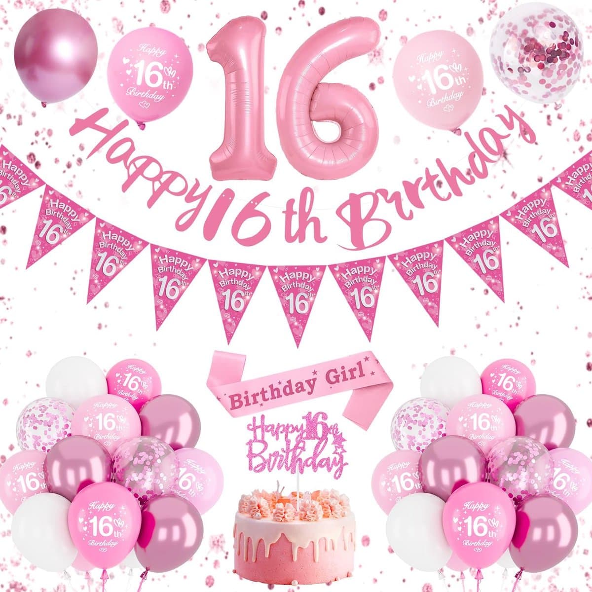 Roze 16e feestdecoraties - verjaardagsballonnen voor meisjes met Happy Birthday-banner, nummer 16 ballonsjerp en taarttopper
