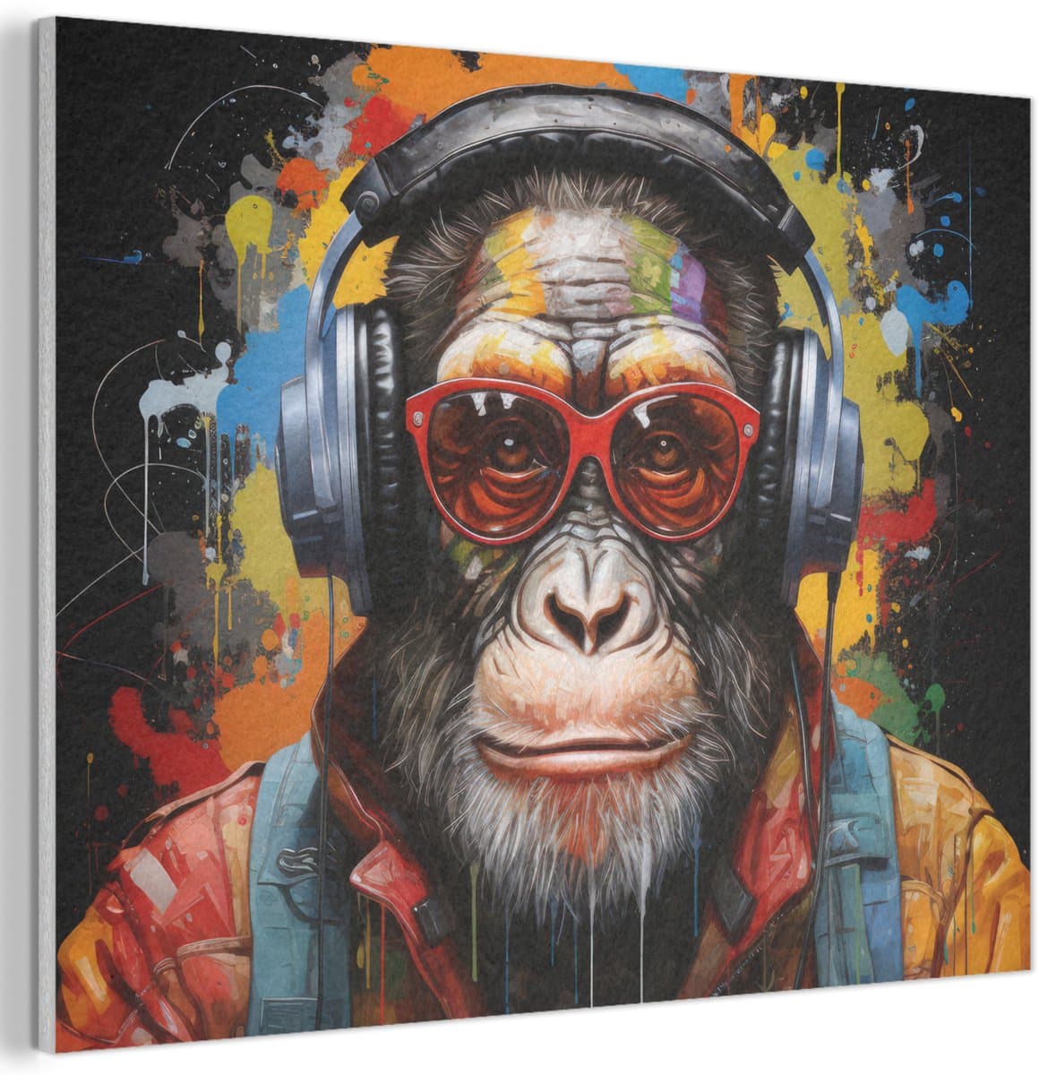 Akoestisch wandpaneel 100x70 cm - Vilt schilderij Chimpansee - Aap - dieren - Graffiti - Bril - Koptelefoon - Kleuren - Akoestische panelen - Geluidsdempende wanddecoratie - Geluidsisolatie woonkamer - Muurdecoratie geluidspanelen