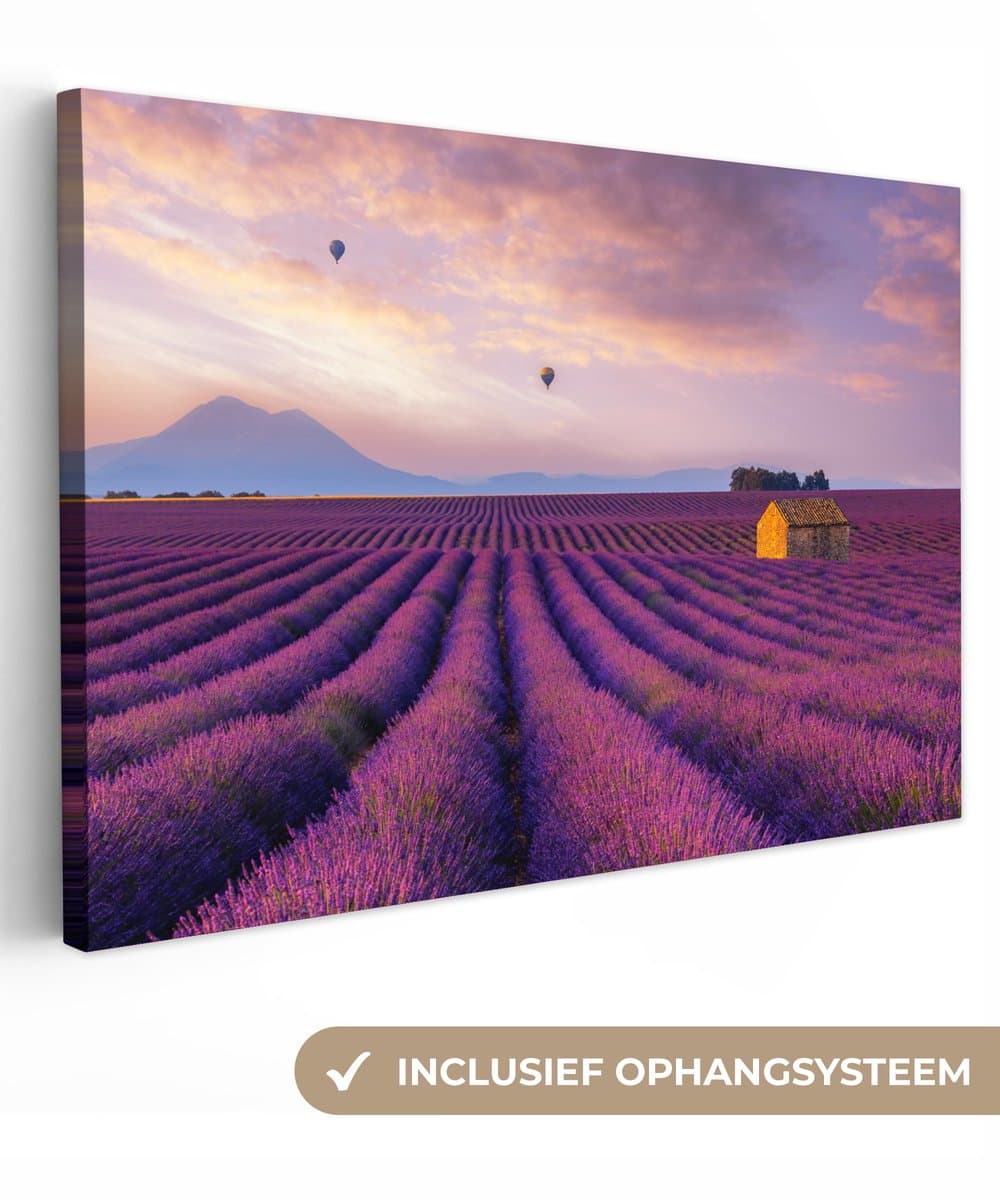 Canvas schilderij - Lavendel - Luchtballon - Wolken - Bloemen - Zonsondergang - Schilderij bloemen - 30x20 cm - Canvasdoek - Muurdecoratie