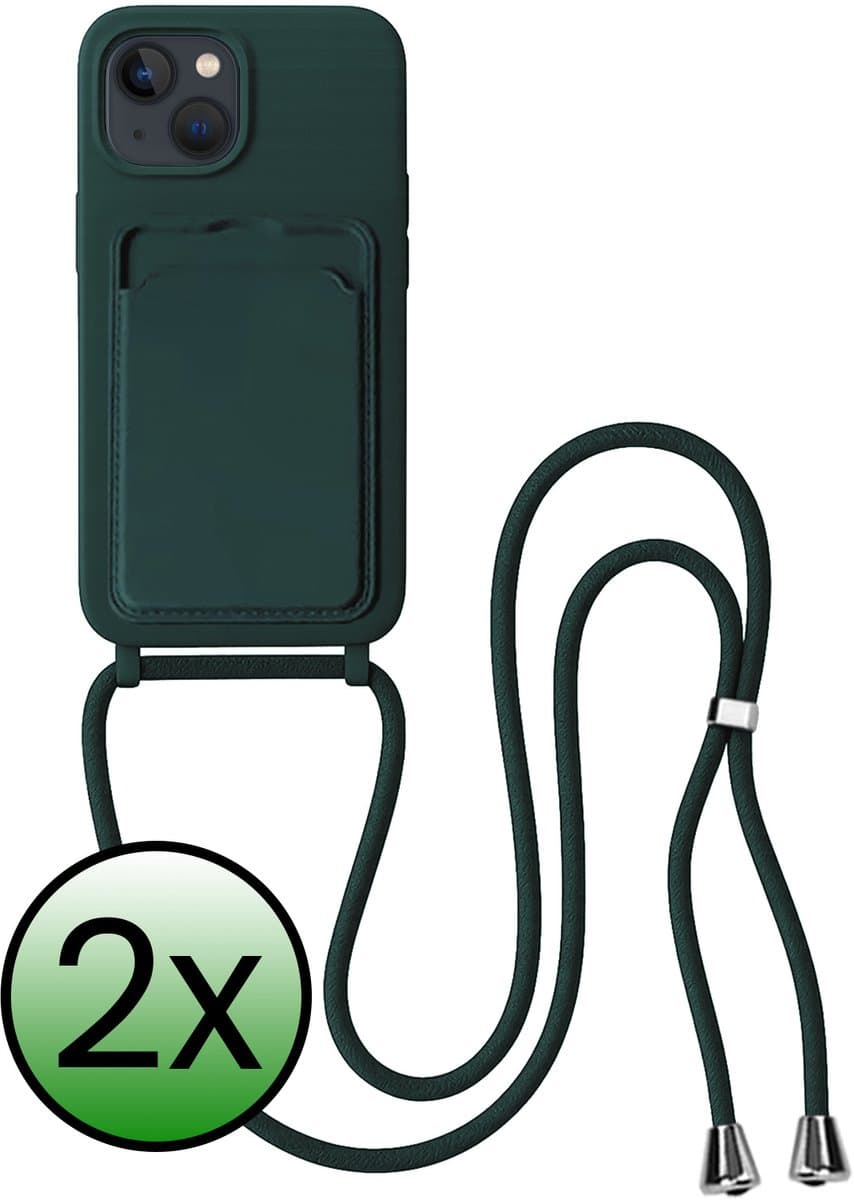 Hoes Geschikt voor iPhone 14 Hoesje Pas Houder Case Hoes Met Koord - Hoesje Geschikt voor iPhone 14 Hoes Met Telefoonkoord Pasjeshouder Cover - Donkergroen - 2 Stuks