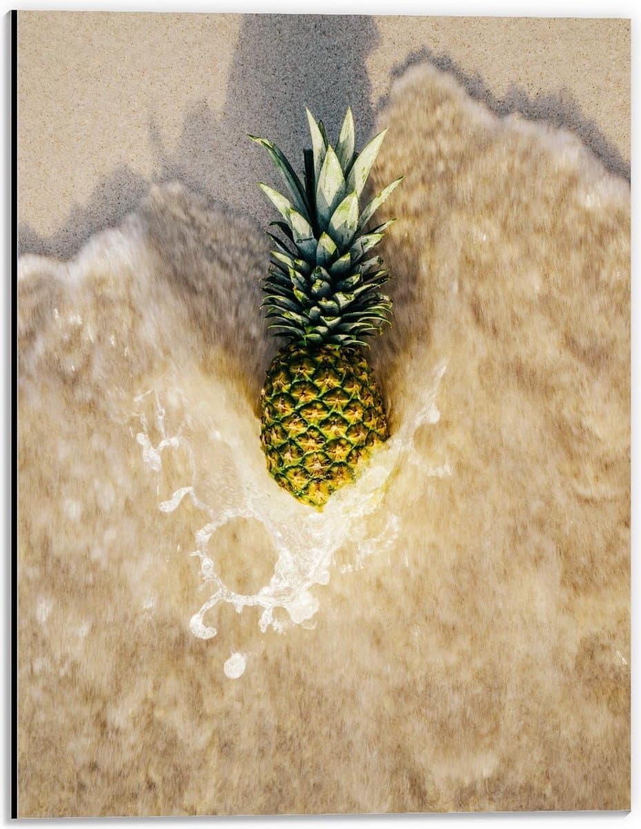 Dibond - Ananas in Zand met Zeewater - 30x40cm Foto op Aluminium (Met Ophangsysteem)