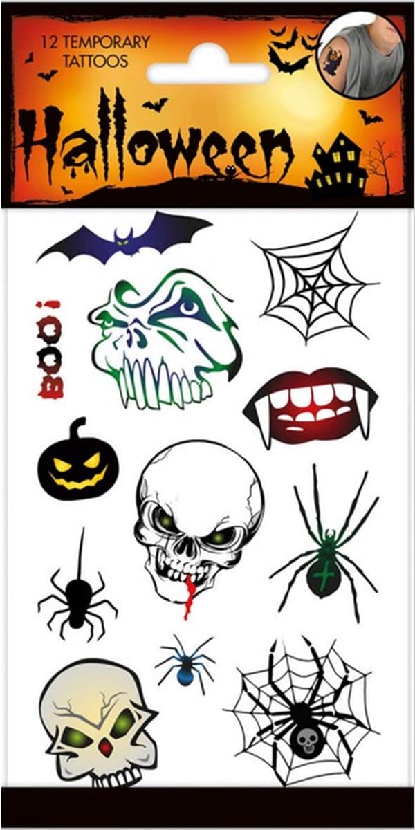 Body Tattoo tatoeages spinnen en doodshoofd – Halloween – Tijdelijke tattoo – 12 stuks op vel.