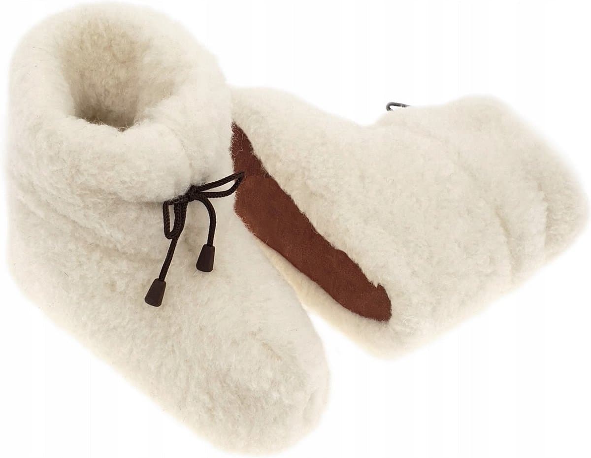 Wollen Sloffen - Winter Pantoffels 100% ECHT Lamswol en Leer - MAAT 43 - Leren Zooltjes - Handgemaakte Slofjes - Kleur Crème