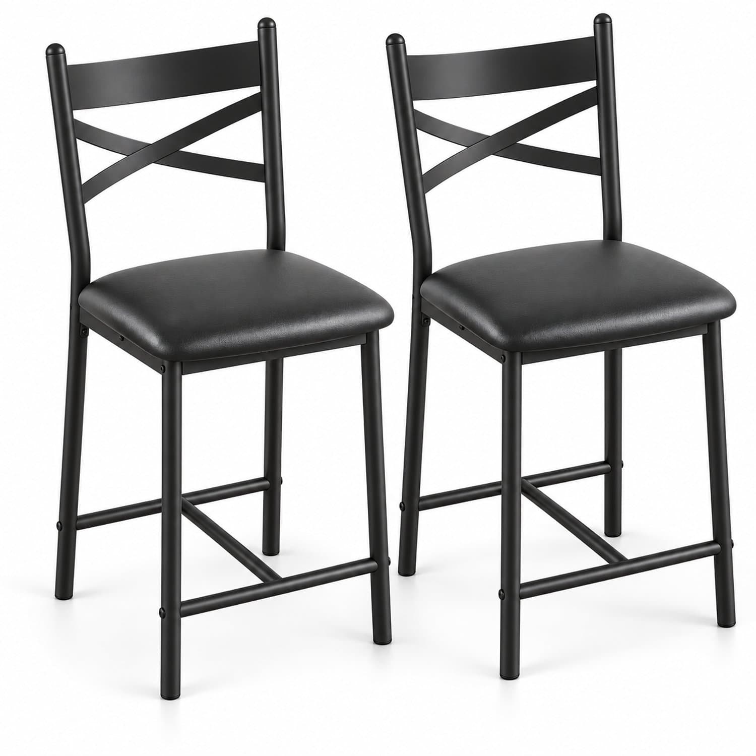 Luxevo Barstoelen Set van 2 - Zithoogte 66 cm - PU Leren Zitting - Met Rugleuning en Voetsteun - Metalen Frame - Zwart