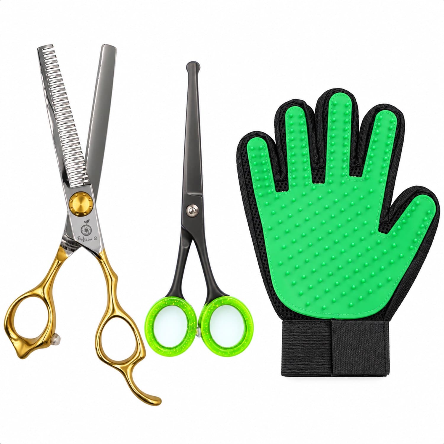 Professor Q Hondentrimset - Effileerschaar Zilver/Goud - Potenschaar Zwart/Groen en Vachthandschoen Groen - 3-delig