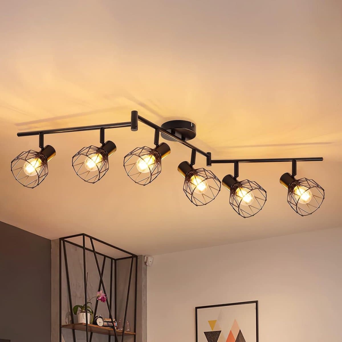 Led-plafondlamp, 6 spots, draaibaar, plafondspot, zwart, plafondlamp, keuken, E14, plafondlamp, led, retro plafondlamp, voor woonkamer, slaapkamer, zonder lamp
