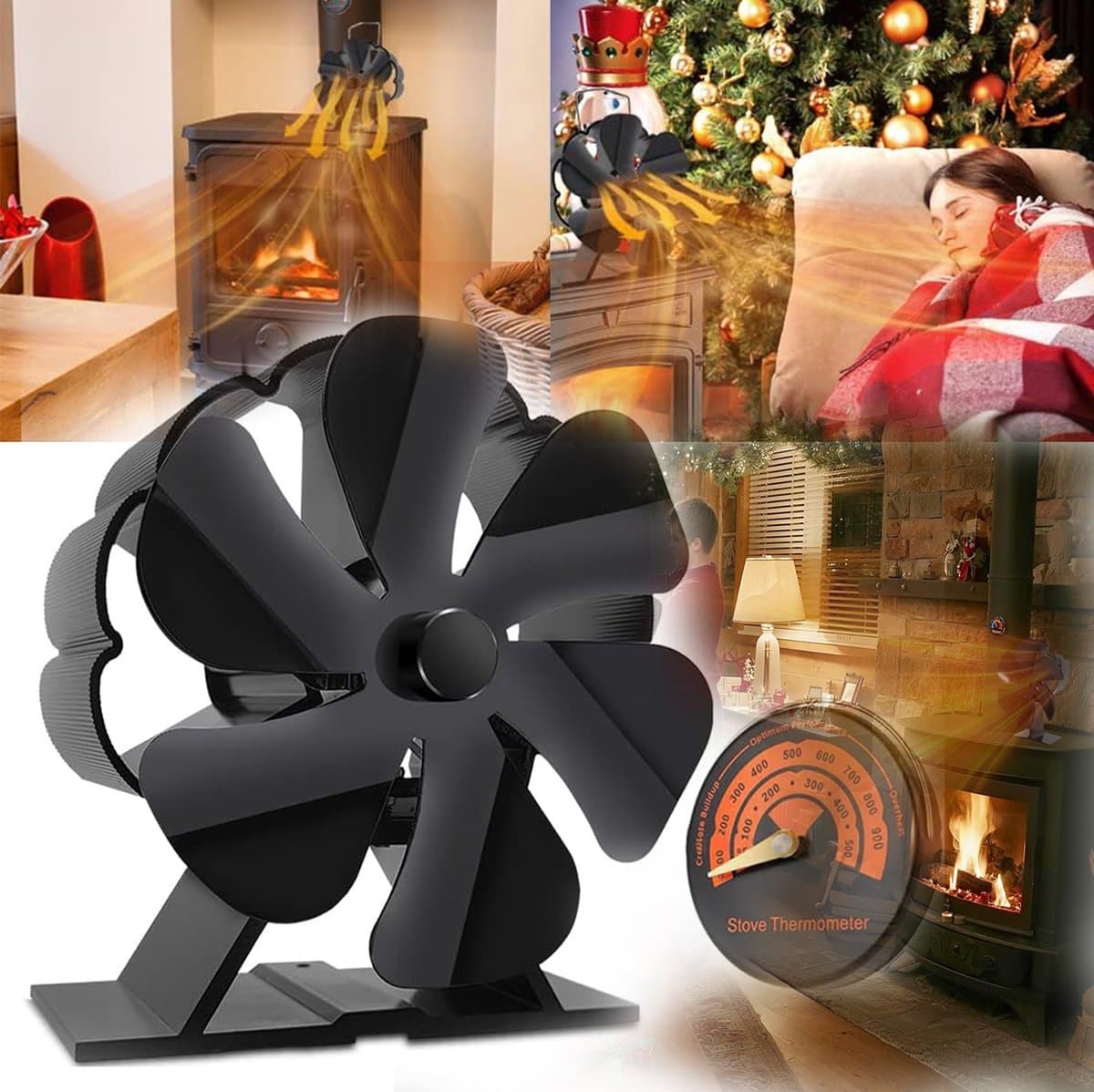 Op Warmte Werkende Kachelventilator, Voor Houtkachel, Zonder Elektriciteit, Luchtcirculatie Met 6 Bladen, Stille Motoren.