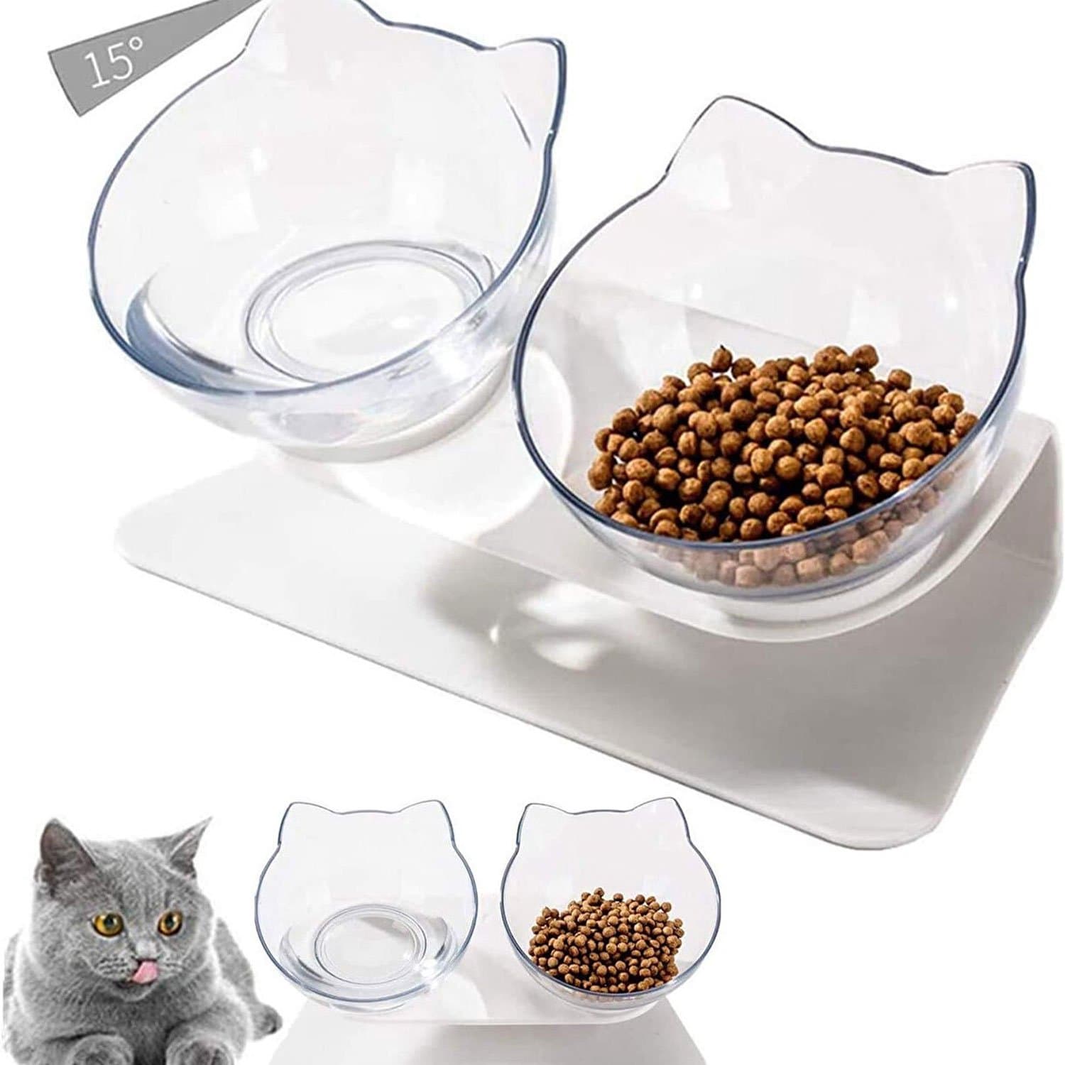 Jungengel Verhoogde Kattenbak Dubbel 2x350 ml - Kattenvoerbak Waterbak Set Kattenkop Vorm - Ergonomisch 15 Graden Gekanteld - BPA-vrij Uitneembaar - Voerbak Drinkbak Kat Anti Nekpijn Binnen Buiten