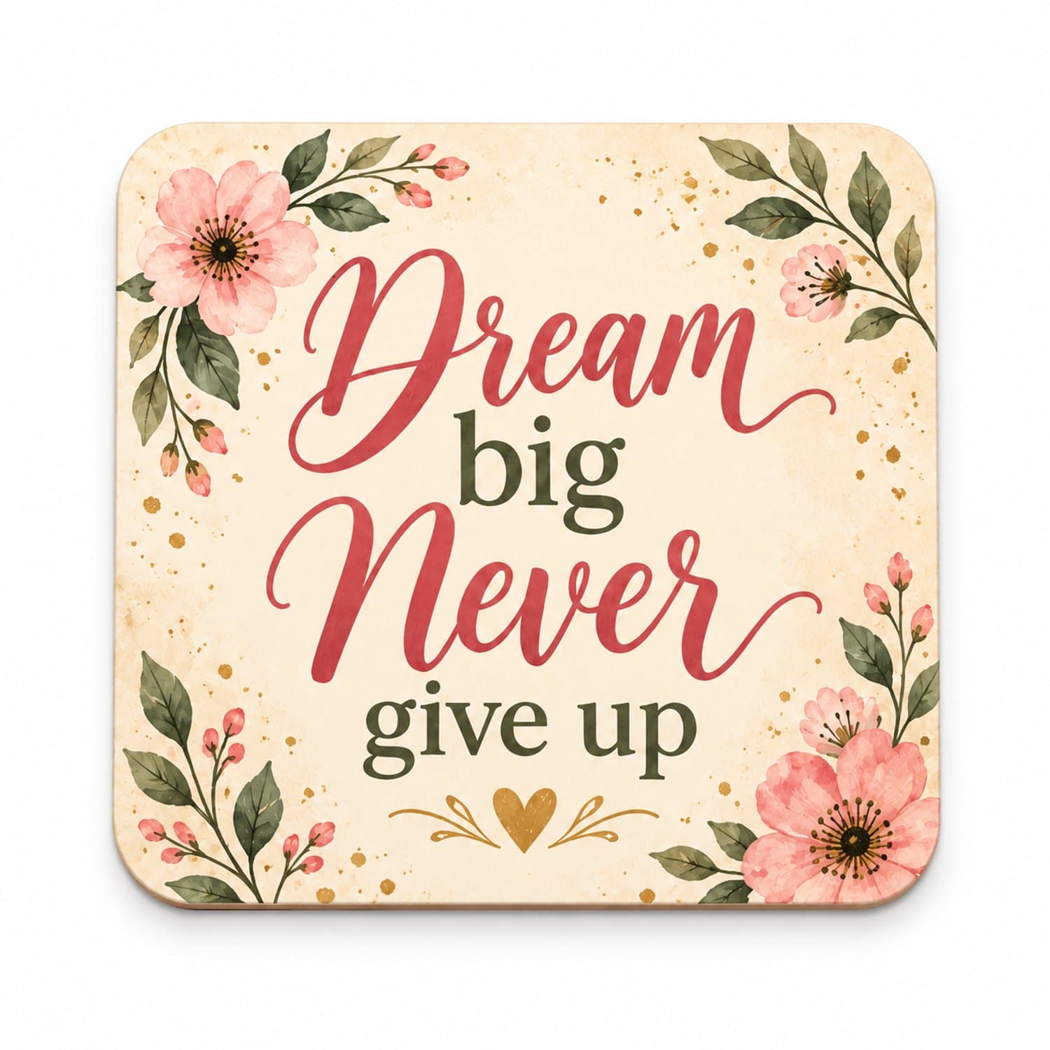 Dream Big Never Give Up MDF onderzetter 10x10cm – Bloemenprint – Motiverende quote