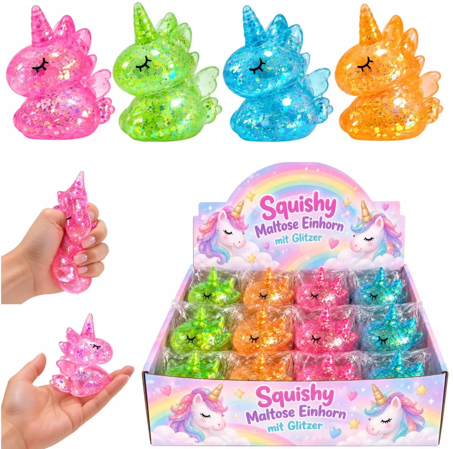 Squishy Unicorn stressbal - 1 exemplaar - Knijpbal met glitters - Voor de hand - uitdeel cadeau - Fidget Toys - 7 cm