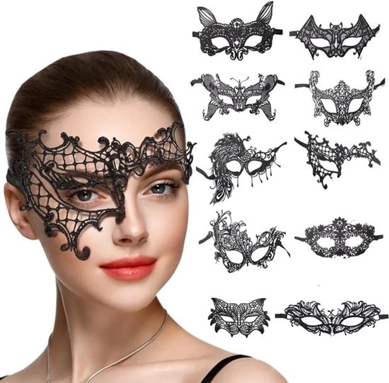 Set van 10 zwarte kanten maskers - voor feest en carnaval