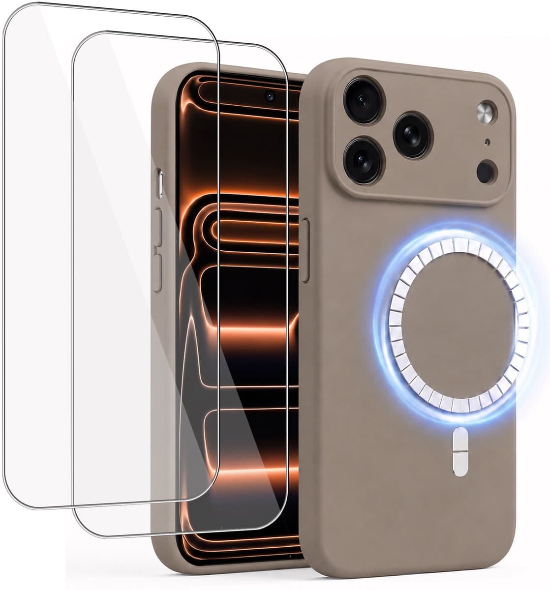 Hoesje + 2x Screenprotector geschikt voor Apple iPhone 17 Pro - Hoesje geschikt voor Magsafe - Draadloos opladen - Gehard Glas - Taupe