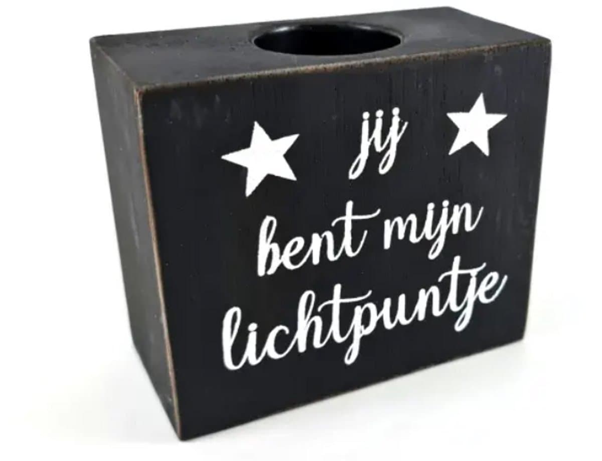 Woodart - Waxinehouder blok - 10 x 12 cm - Jij bent mijn lichtpuntje - black wash