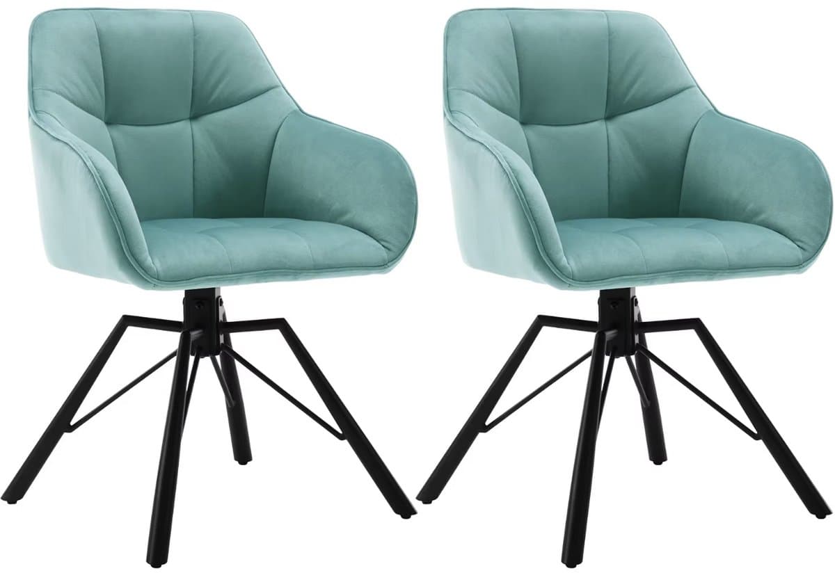 Varnox Draaibare Eetkamerstoelen – Set van 2 – Eetkamerstoel met Armleuningen – 360° Draaibaar – Fluweel – Turquoise