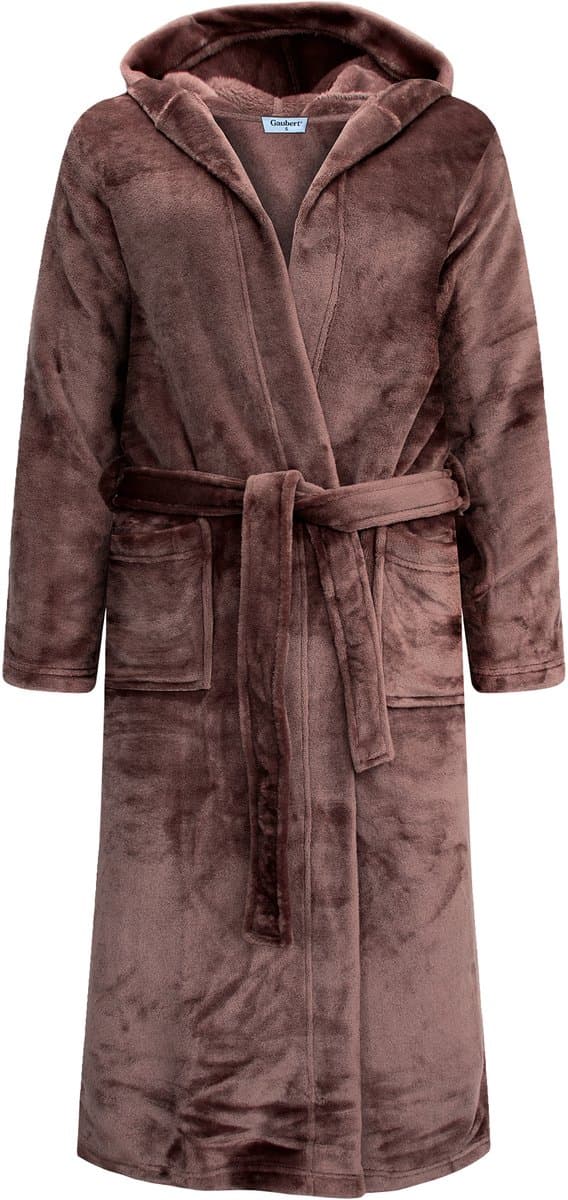 Unisex Badjas Extra Lang met Capuchon en Ceintuur - Ochtendjas - Superzacht Coral Fleece - Heren Dames - Koffiebruin - Maat L/XL - 8210-Coffee