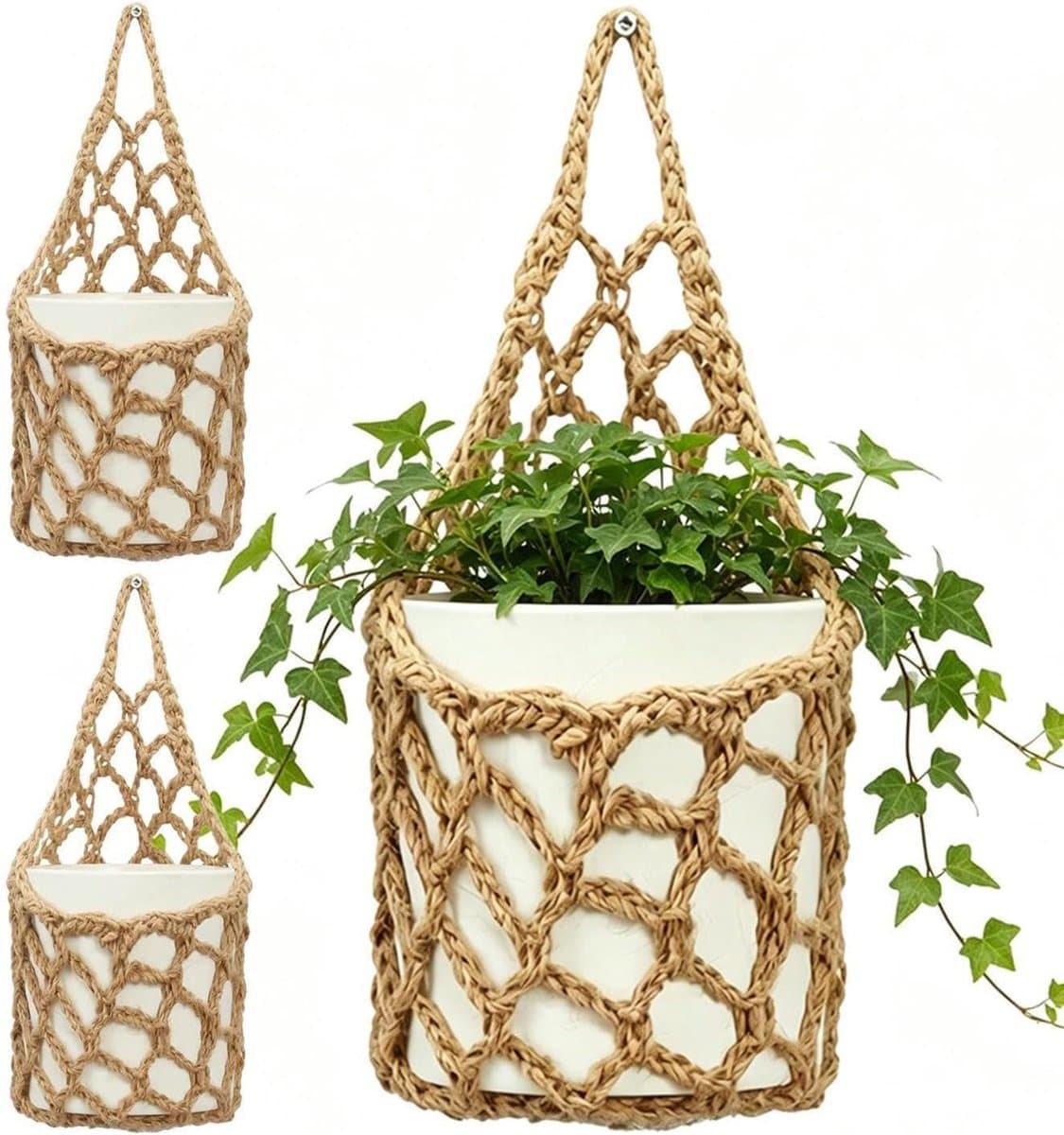 Macramé plantenhanger - Geweven plantenmand - Planten ophangen - Ademend geweven mesh - 3 maten - Lichtgeel