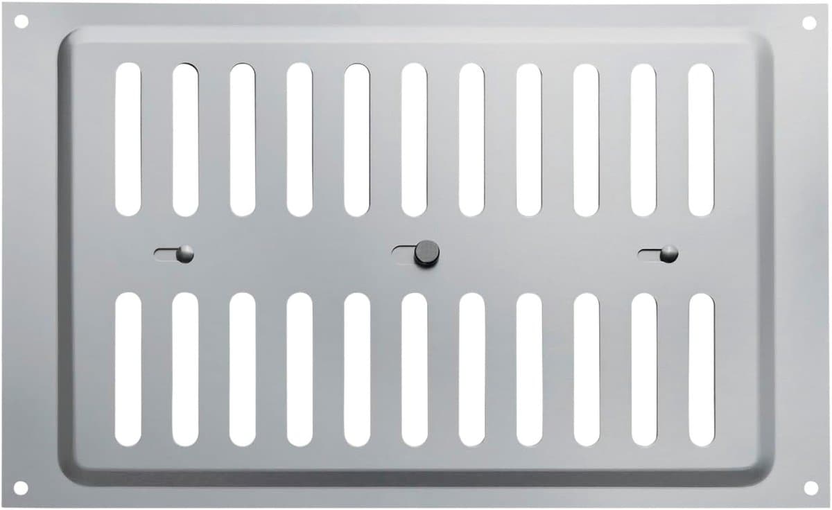 RVS SS304 afsluitbaar ventilatierooster (260 x 165 mm) met ovale sleufgaten voor schroefbevestiging en schuifsluiting.