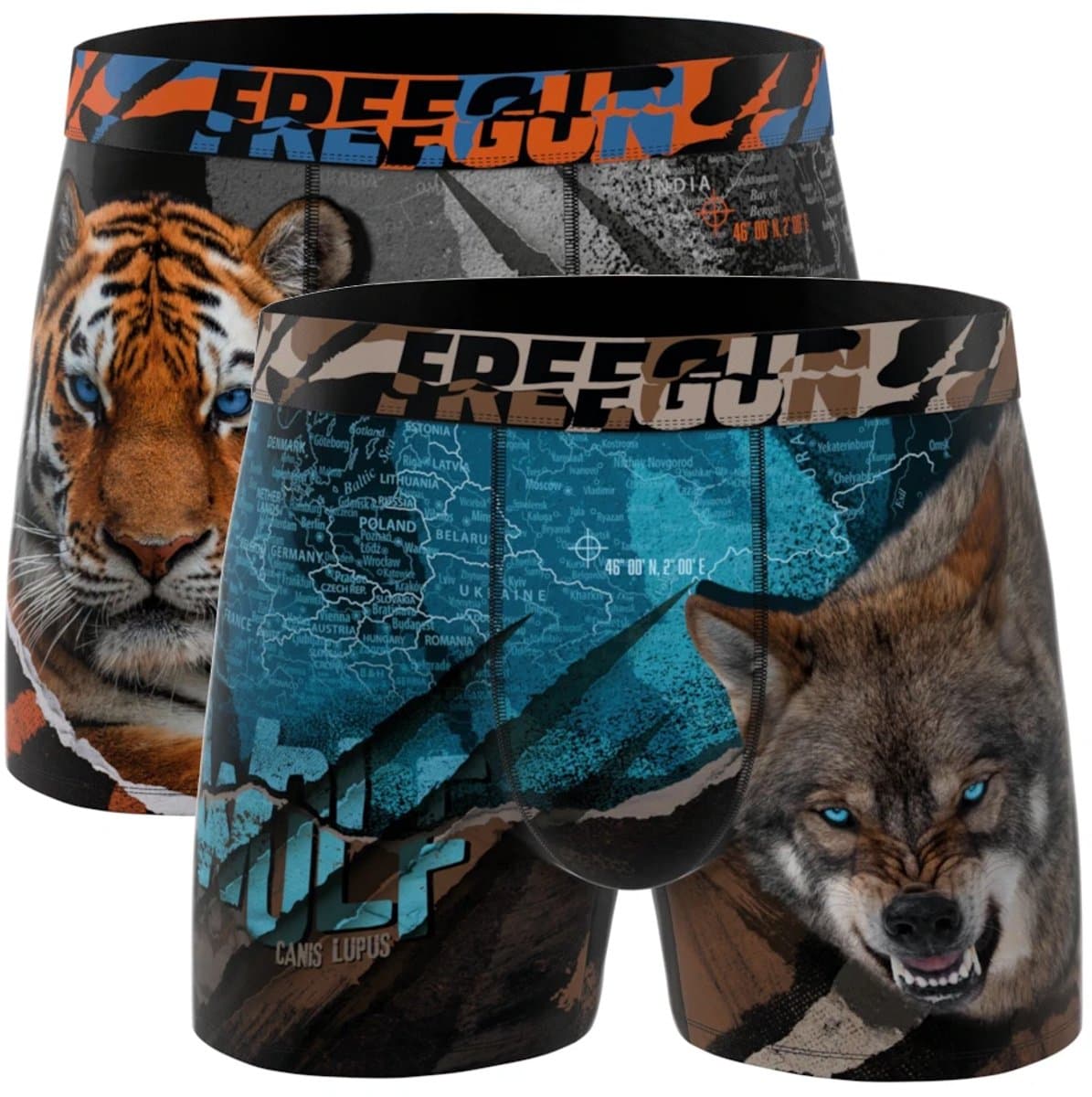 Freegun heren boxershorts - microvezel - 2-pack - maat S - Wolf / tijger