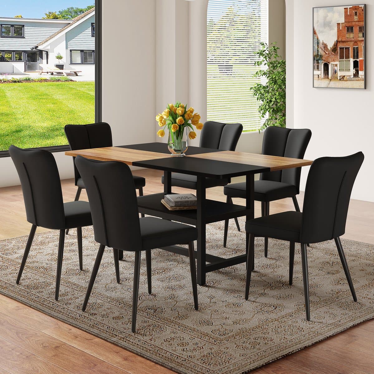 DESMIU Set Tafel En Stoelen 160 cm - Rechthoekige Eettafel Met Opbergruimte En 6 Stoelen - Voor Eetkamer En Keuken - Bruin Zwart